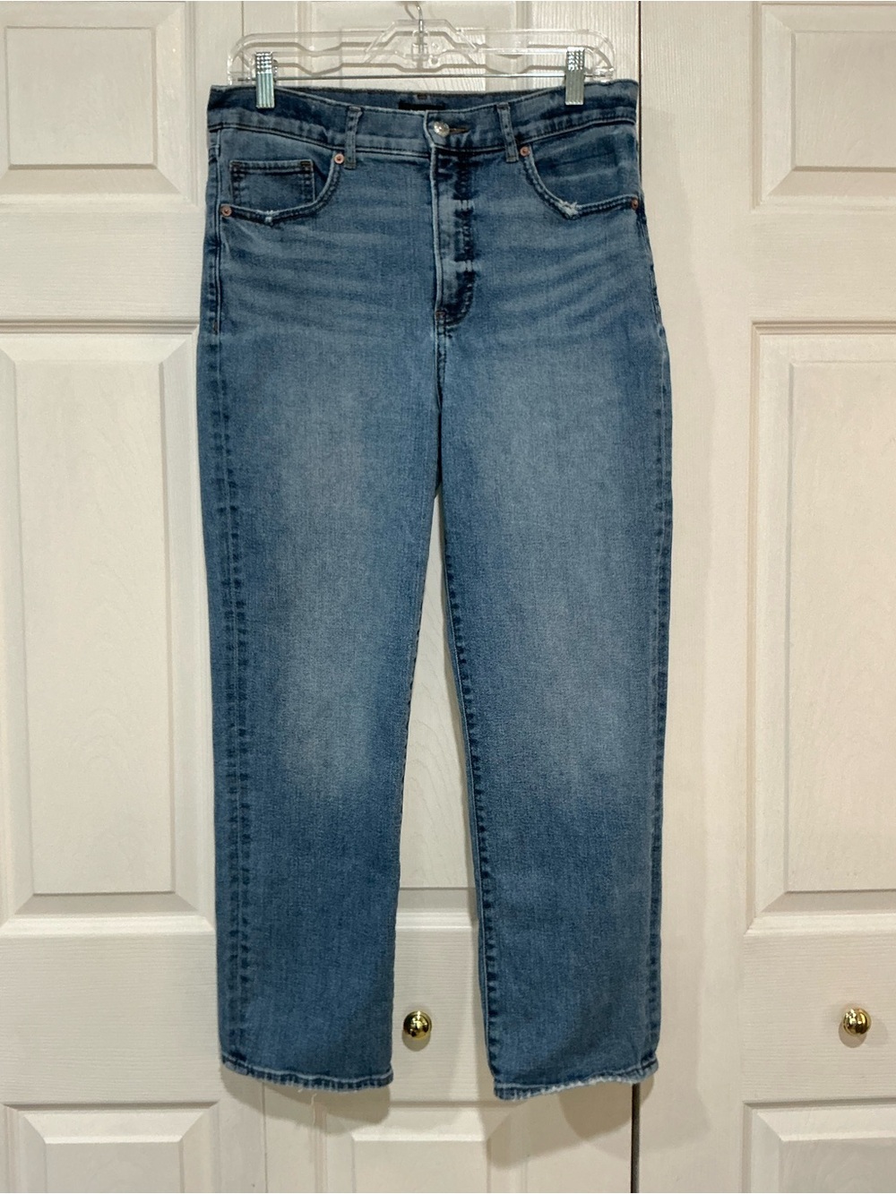 🤎 Express Straight Ankle High Rise Blue Distressed Denim Jeans - 10/30 (01043)